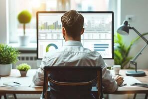 AI generated Businessman working at office desk and analyzing financial data on computer screen back view photo