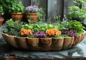 AI generated Wooden bowl is filled with colorful flowers and herbs photo