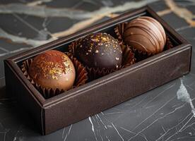 AI generated Chocolate candies in box on marble background photo