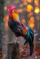 AI generated Rooster or Fighting cock in the morning with bokeh lights photo