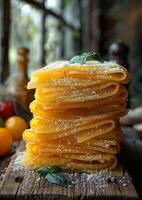 AI generated Stack of fresh homemade pasta photo