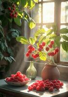 AI generated Red berries and vase with bouquet of wild rose hips on the table photo