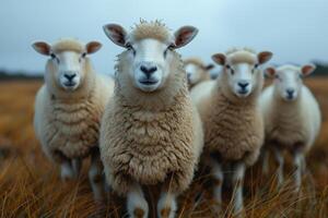 ai generado un grupo de oveja en pie arriba juntos en un campo foto