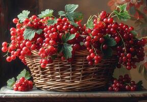 AI generated Basket with red currants on the table photo