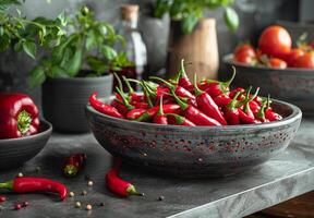 AI generated Red hot chili peppers in bowl on table photo