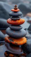AI generated Zen stones and orange flowers on black background photo