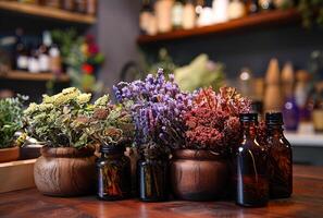 ai generado varios seco hierbas y flores en vaso botellas en de madera mesa. un natural medicina foto