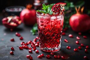 AI generated Pomegranate juice in glass and pomegranates on dark background photo