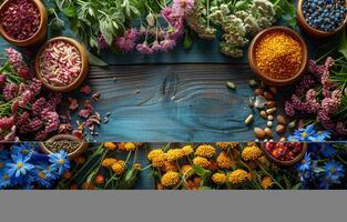 AI generated Spices and herbs on blue wooden background photo