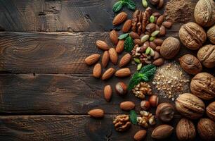 AI generated Different types of nuts on brown wooden background photo