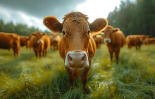 AI generated Curious young cow looking at the camera photo