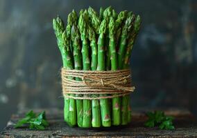 AI generated Fresh asparagus on dark background photo