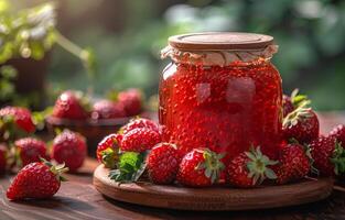 AI generated Jar of red homemade strawberry jam on wooden table photo