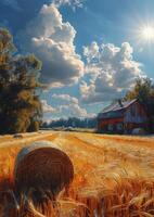 AI generated Straw bales and red barn in field photo