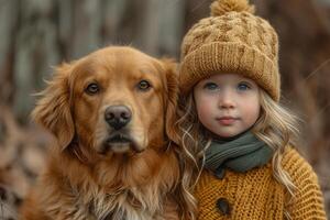 ai generado un bebé niña es en pie en frente de un perro foto