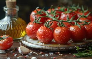 AI generated Fresh tomatoes with olive oil and garlic on wooden table photo