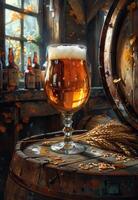AI generated Glass of cold light beer with foam and water drops on the wooden barrel in the cellar. Craft brewery. photo