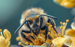 AI generated Bee pollinating yellow flower photo