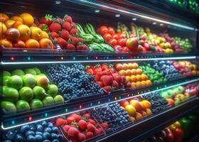 ai generado estante con frutas en supermercado foto