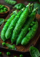 AI generated Fresh green pea pods with water drops on wooden background photo