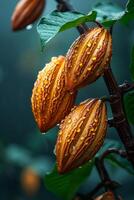 ai generado cacao vainas en árbol. cacao frijoles colgando en árbol foto