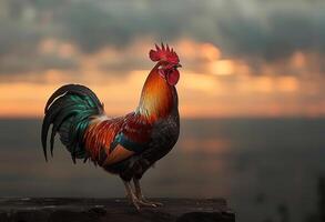 ai generado gallo en pie en de madera cerca a puesta de sol foto