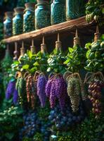 ai generado Fresco hierbas y flores colgando en cuerda a seco en el jardín foto