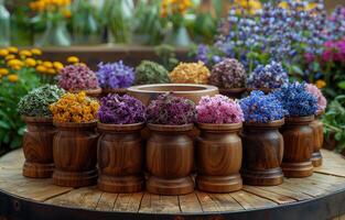 AI generated Wooden vases with dried flowers on wooden table photo