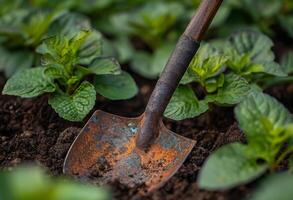 ai generado oxidado pala es atascado en el suelo en el jardín foto