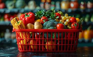 ai generado compras cesta lleno de Fresco y sano vegetales foto