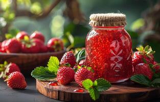 AI generated Jar of redcurrant jam with fresh berries on wooden table photo