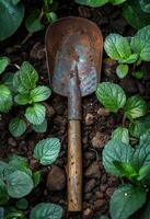 AI generated Rusty old shovel is lying on the ground among green leaves photo