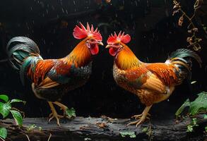 ai generado dos gallos son luchando en el lluvia. foto