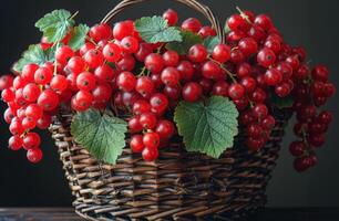 AI generated Basket with red currant on dark background photo