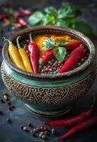 AI generated Colorful mix of peppers and spices in bowl photo