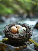 ai generado Tres huevos en nido en rock en río foto