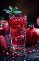 AI generated Pomegranate juice or smoothie with fresh pomegranate fruits and mint on dark background photo