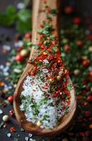 AI generated Wooden spoon with mixture of herbs and spices photo