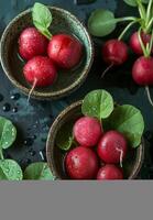 AI generated Fresh radishes in bowl on dark background photo