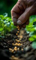 AI generated The hands of farmer hold handful of soil and pour the seeds of soybean into the ground. photo