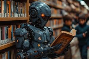 AI generated Robot stands in library and reads book. Children are in the background. photo