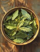 AI generated Bay leaves in bowl. A some bay leaves in a bowl on top of a wooden table photo