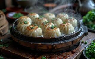 AI generated Steamed baozi or dumplings in bamboo steamer photo