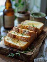 AI generated Slices of homemade bread with butter and thyme on wooden board photo