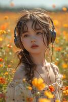 ai generado linda pequeño niña es escuchando a música en el flor campo foto