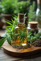 AI generated Bottle of hemp oil with cannabis leaf and extracts photo