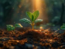 ai generado joven planta creciente en el Mañana ligero y verde hojas en naturaleza antecedentes foto