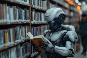 AI generated Cyborg reading book in library robot standing in front of shelf with books photo