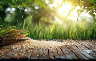 AI generated Rice plant. Rice grains in sack and rice seed on wooden table with the rice field background photo