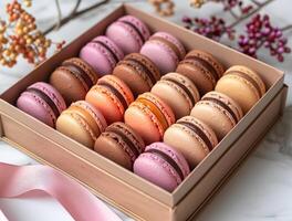 AI generated Colorful macaroons in gift box photo